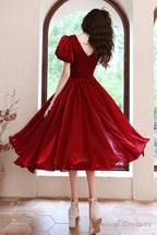 Burgundy V-Neck Short A-Line Prom Dress, Burgundy Short Sleeve Party Dress