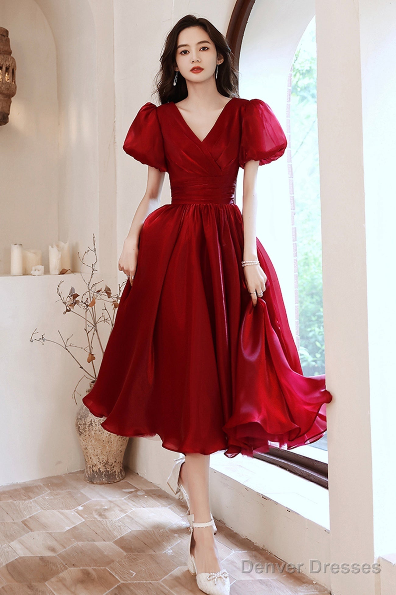 Burgundy V-Neck Short A-Line Prom Dress, Burgundy Short Sleeve Party Dress Main image