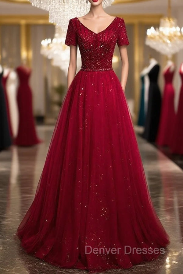 Burgundy V-neck Short Sleeve Beading Prom Dress Main image