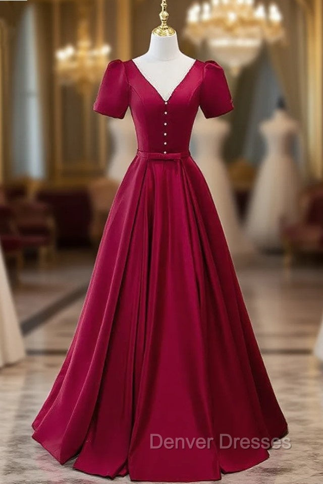Burgundy V-neck Short Sleeve Pearls Prom Dress Main image