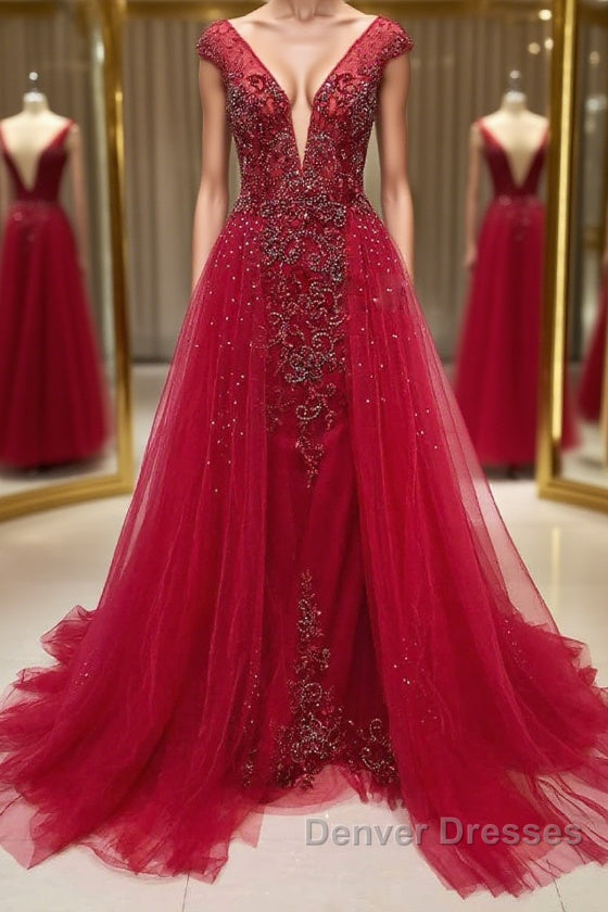 Burgundy v neck tulle beads long prom Dress, burgundy evening Dress Main image