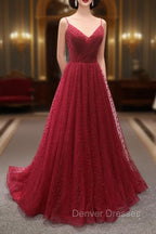 Burgundy V-Neck Tulle Long Prom Dress, A-Line Backless Evening Party Dress