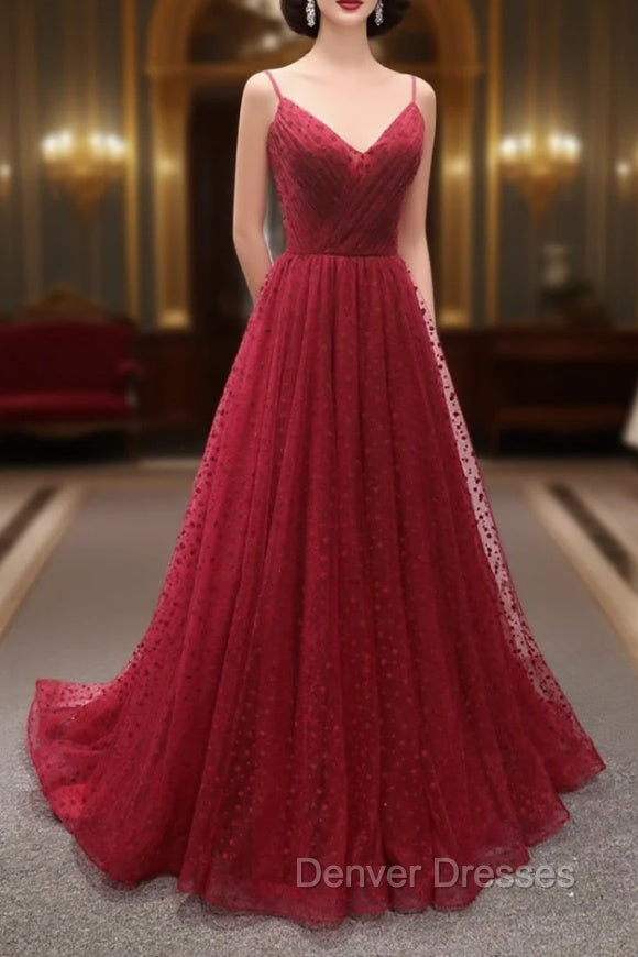 Burgundy V-Neck Tulle Long Prom Dress, A-Line Backless Evening Party Dress