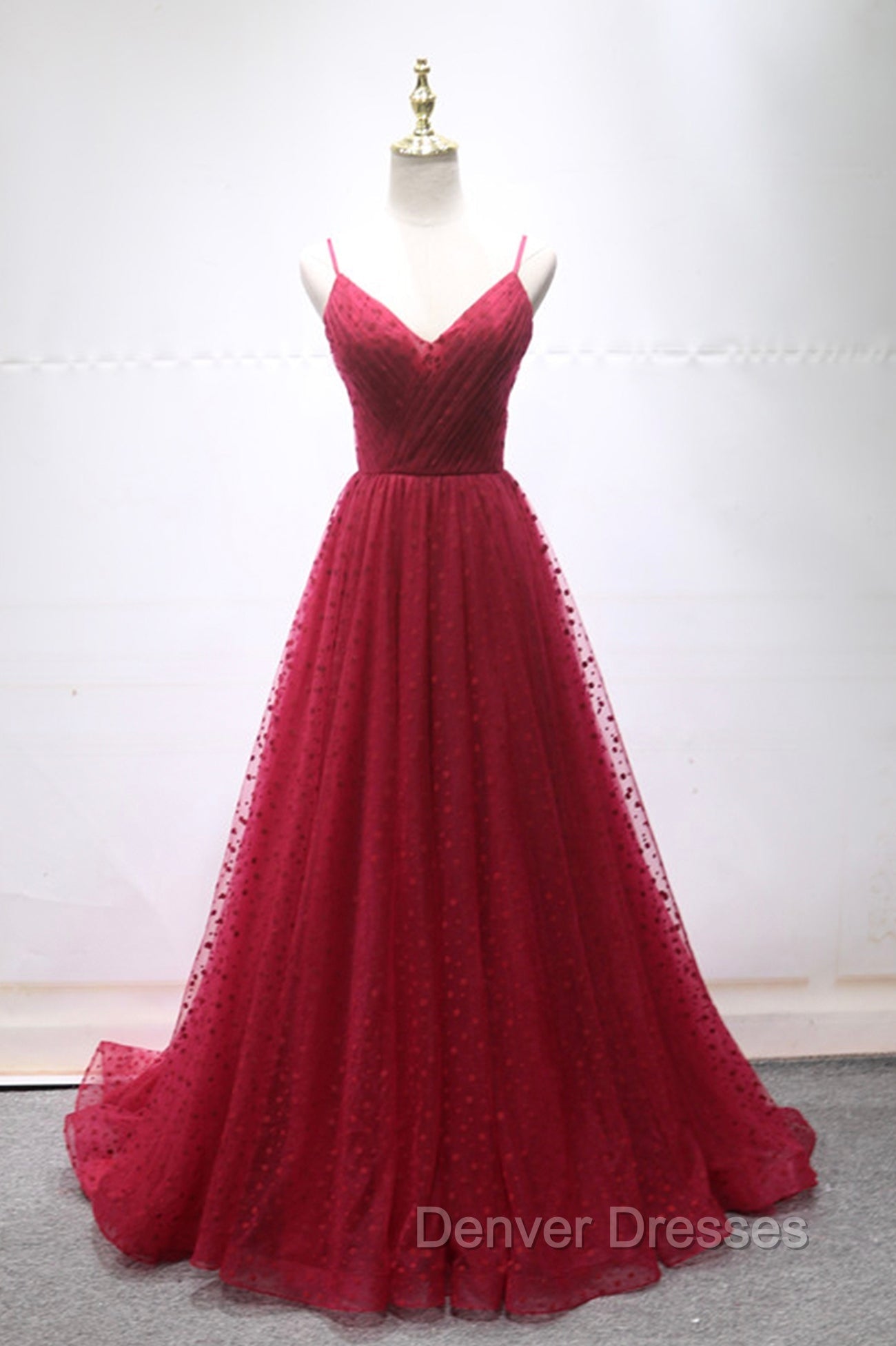 Burgundy V-Neck Tulle Long Prom Dress, A-Line Backless Evening Party Dress Main image