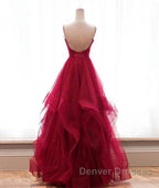 Burgundy v neck tulle long prom Dress, burgundy evening Dress