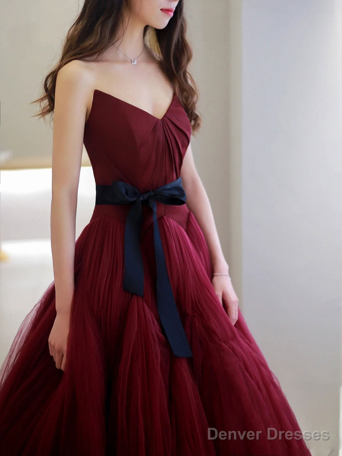 Burgundy V Neck  Tulle Long Prom Dress, Burgundy Tulle Formal Evening Dress Secondary image