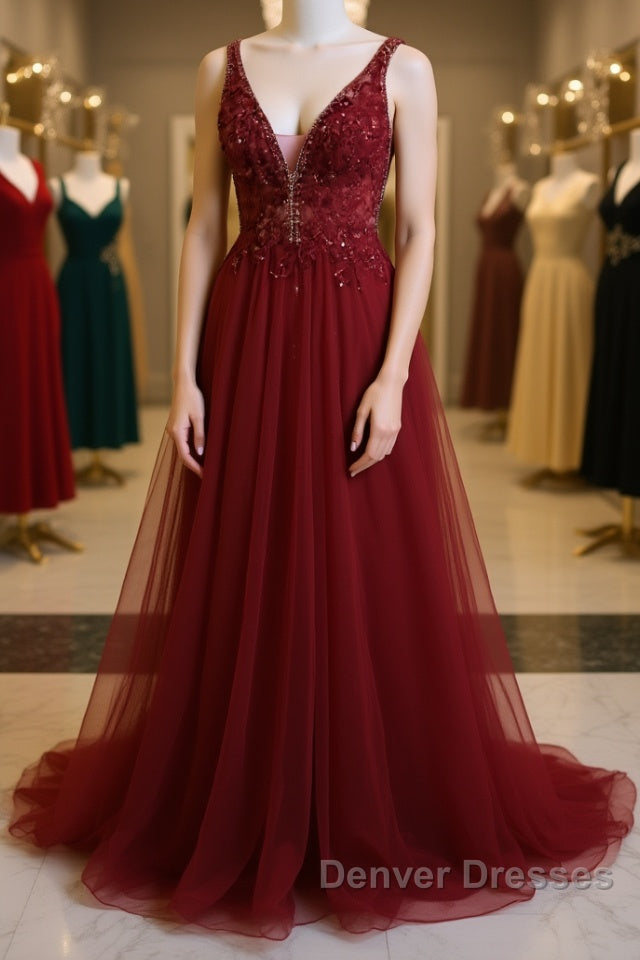 Burgundy v neck tulle sequin lace long prom Dress Main image