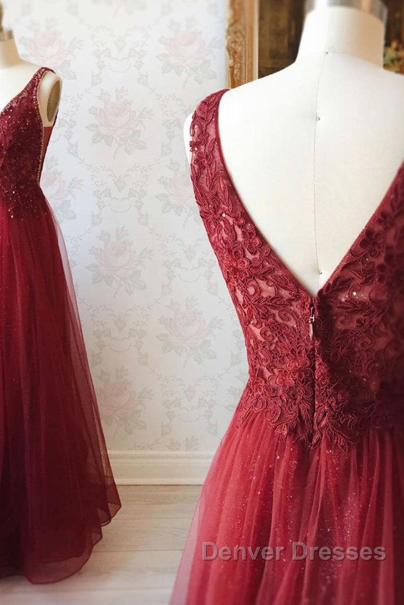 Burgundy v neck tulle sequin lace long prom Dress Secondary image