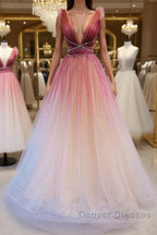 Burgundy v neck tulle sequin long prom Dress burgundy evening Dress