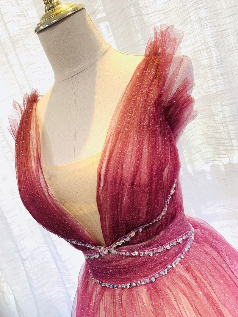 Burgundy V Neck Tulle Sequin Long Prom Dress Burgundy Formal Dress Secondary image