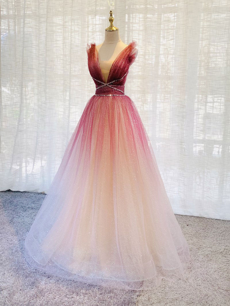 Burgundy V Neck Tulle Sequin Long Prom Dress Burgundy Formal Dress