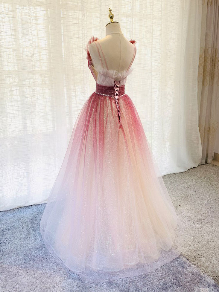 Burgundy V Neck Tulle Sequin Long Prom Dress Burgundy Formal Dress