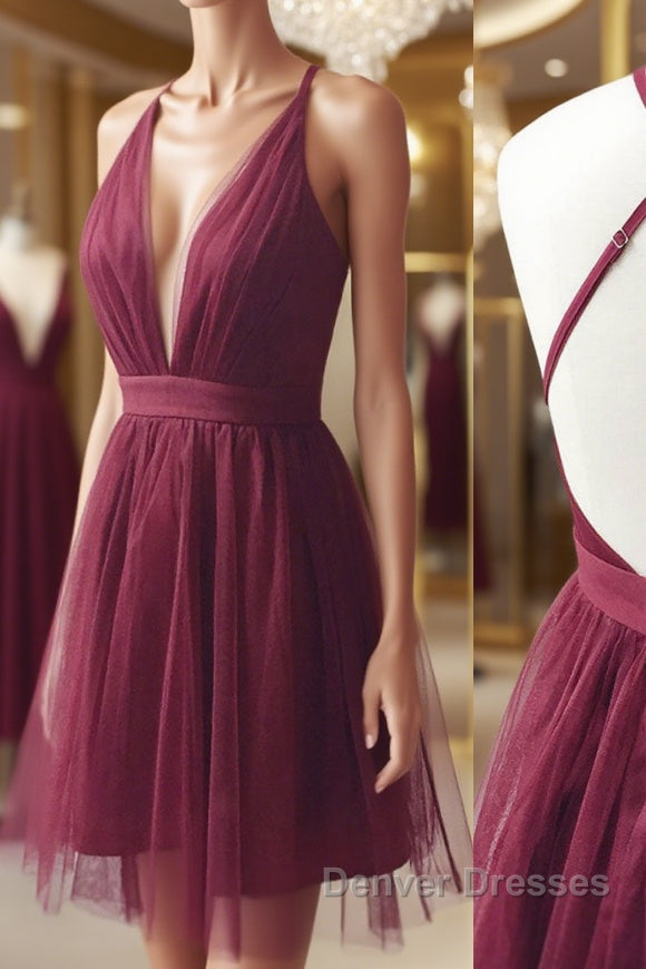Burgundy v neck tulle short prom Dress burgundy homecoming Dress Main image