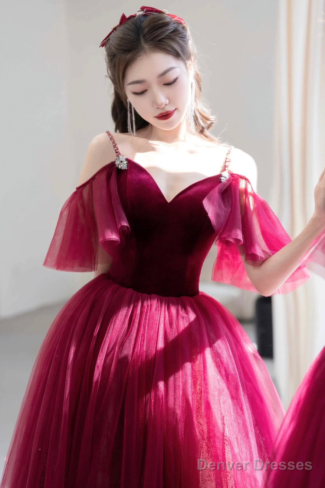 Burgundy V-Neck Velvet And Tulle Long Prom Dress, A-Line Spaghetti Strap Formal Evening Dress Secondary image