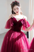 Burgundy V-Neck Velvet And Tulle Long Prom Dress, A-Line Spaghetti Strap Formal Evening Dress