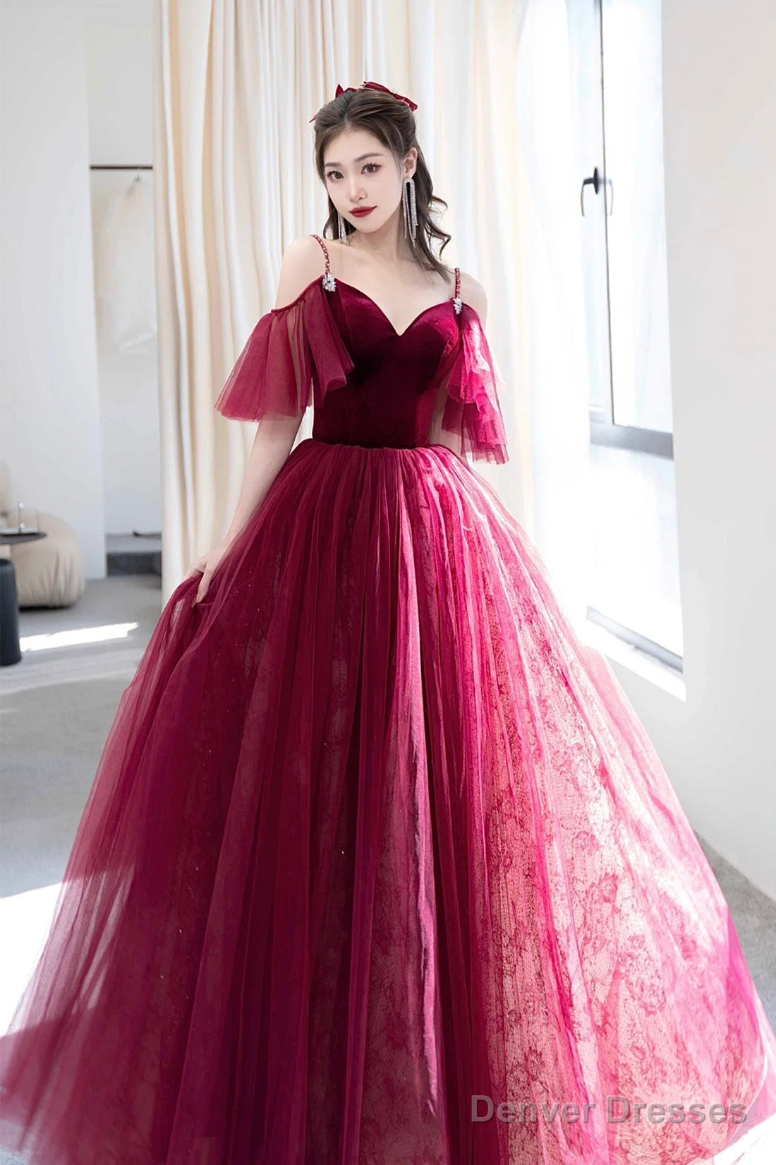 Burgundy V-Neck Velvet And Tulle Long Prom Dress, A-Line Spaghetti Strap Formal Evening Dress Main image