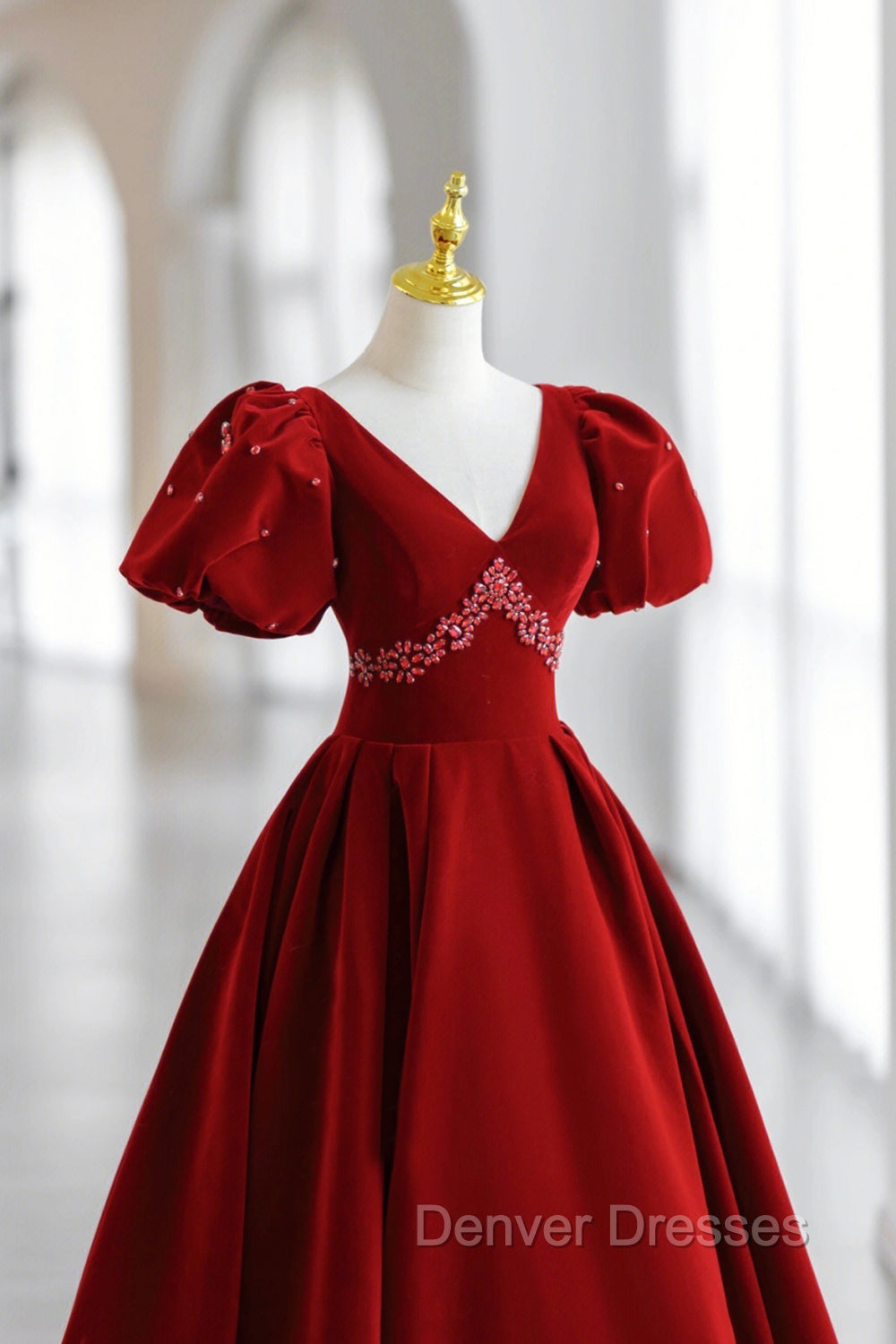 Burgundy V-Neck Velvet Long Formal Dress, A-Line Short Sleeve Evening Dress