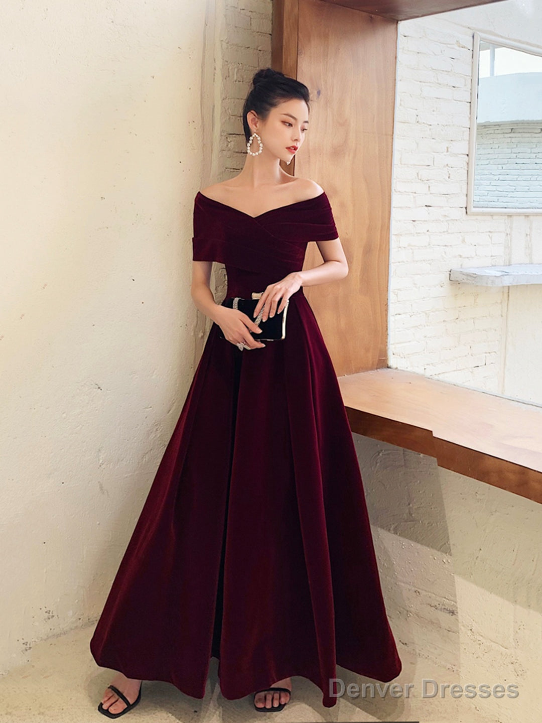 Burgundy V-Neck Velvet Long Prom Dress, Off Shoulder Evening Party Dress
