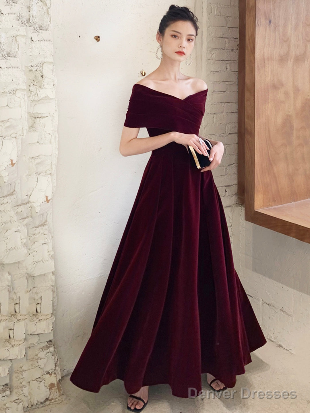 Burgundy V-Neck Velvet Long Prom Dress, Off Shoulder Evening Party Dress
