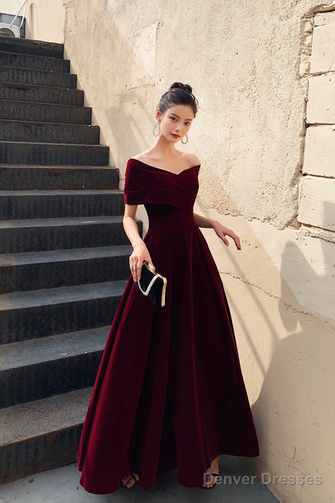 Burgundy V-Neck Velvet Long Prom Dress, Off Shoulder Evening Party Dress Main image