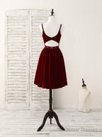 Burgundy V Neck Velvet Short Prom Dress, Burgundy Homecoming Dress