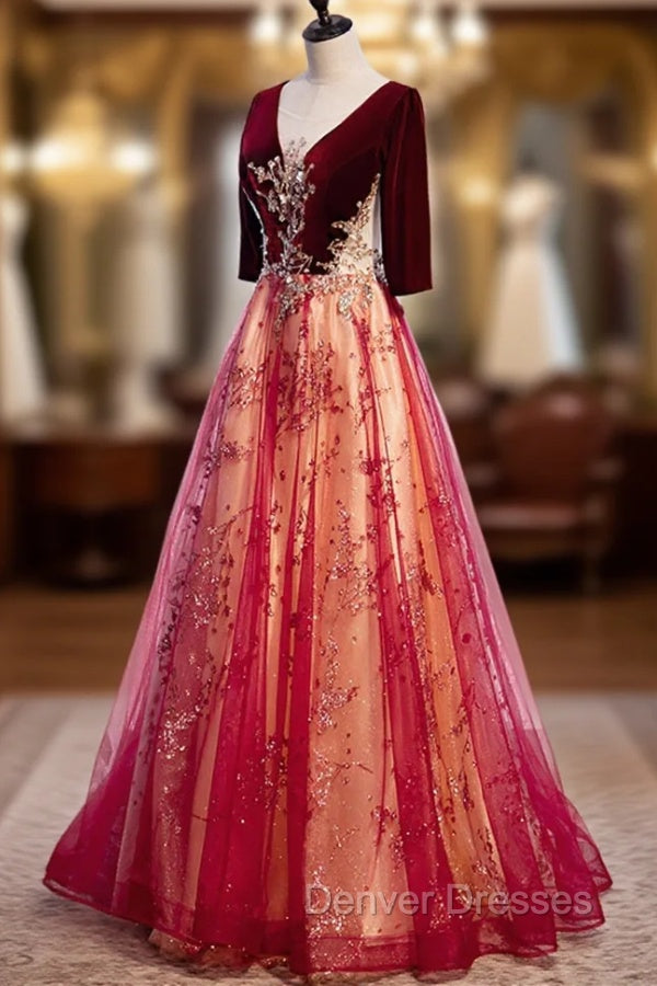 Burgundy V-Neck Velvet Tulle Long Prom Dress, A-Line 1/2 Sleeve Evening Dress Secondary image