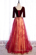 Burgundy V-Neck Velvet Tulle Long Prom Dress, A-Line 1/2 Sleeve Evening Dress