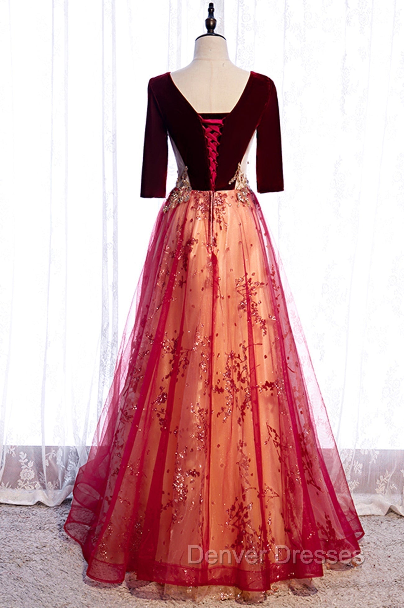 Burgundy V-Neck Velvet Tulle Long Prom Dress, A-Line 1/2 Sleeve Evening Dress
