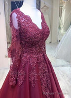 Burgundy V-Neckline Tulle Long Sleeves With Lace Prom Dress, Burgundy Wedding Party Dress
