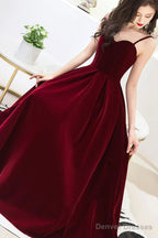 Burgundy Velvet A-Line Prom Dresses, Burgundy Evening Dresses