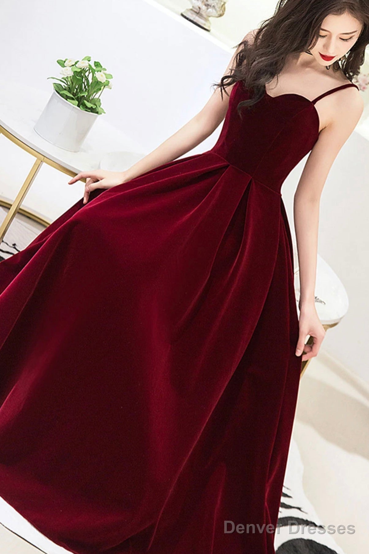 Burgundy Velvet A-Line Prom Dresses, Burgundy Evening Dresses