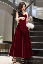 Burgundy Velvet A-Line Prom Dresses, Burgundy Evening Dresses