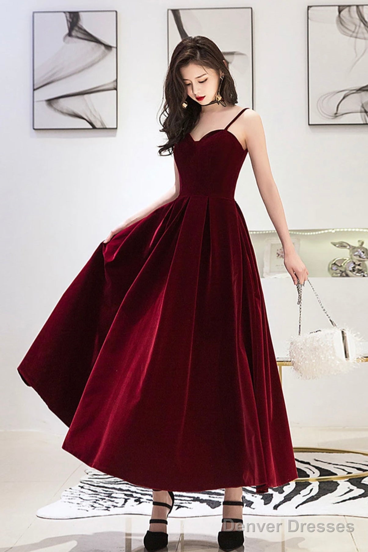 Burgundy Velvet A-Line Prom Dresses, Burgundy Evening Dresses Main image
