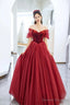 Burgundy Velvet And Tulle Floor Length Prom Dress, Beautiful Off The Shoulder Evening Party Dress