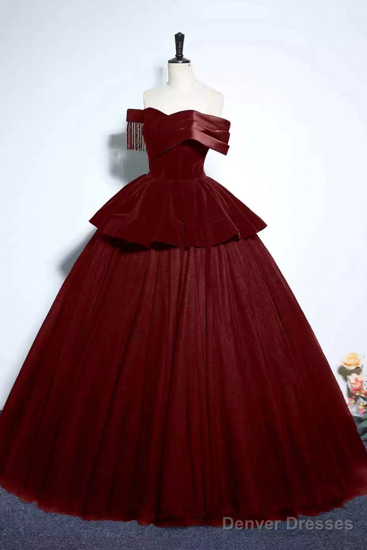 Burgundy Velvet And Tulle Long Formal Dress, A-Line Off The Shoulder Evening Party Dress Secondary image