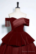 Burgundy Velvet And Tulle Long Formal Dress, A-Line Off The Shoulder Evening Party Dress