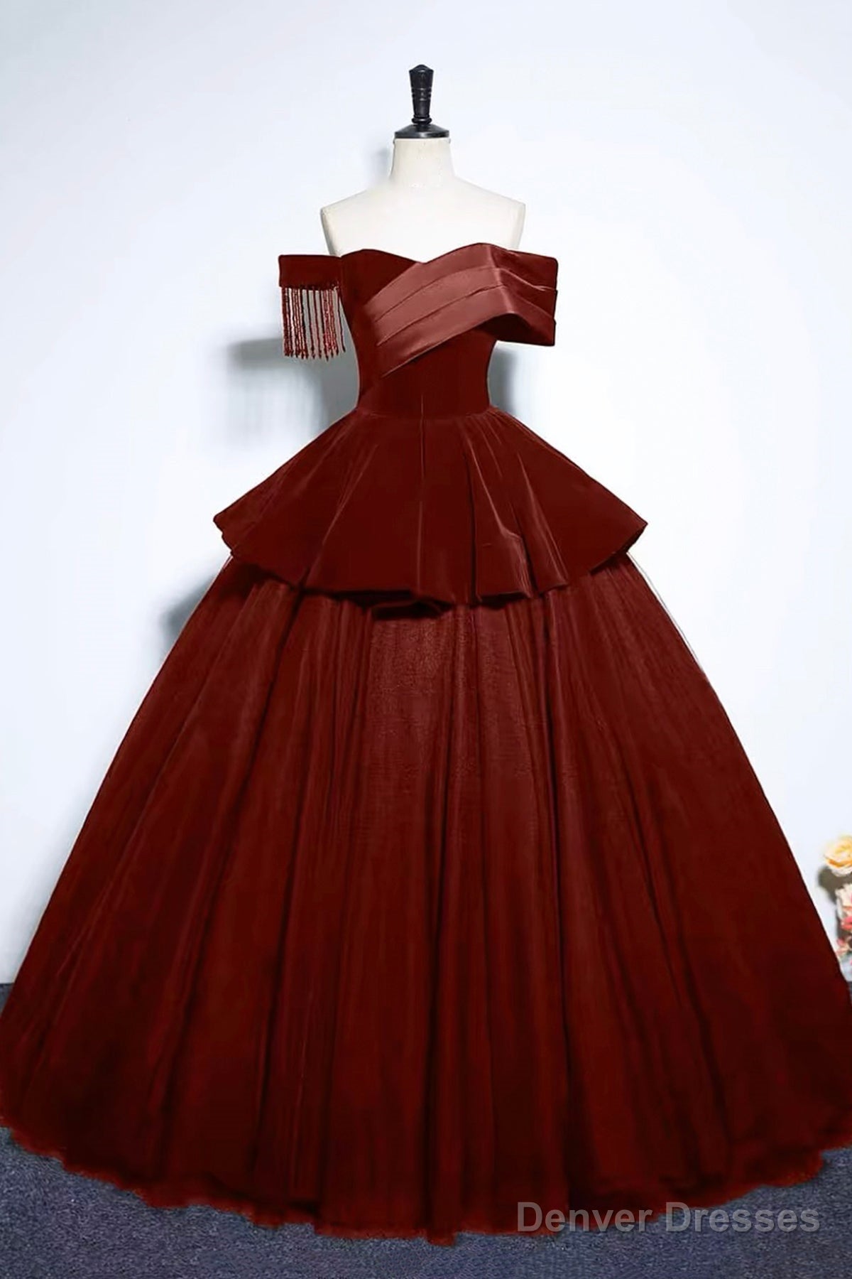 Burgundy Velvet And Tulle Long Formal Dress, A-Line Off The Shoulder Evening Party Dress