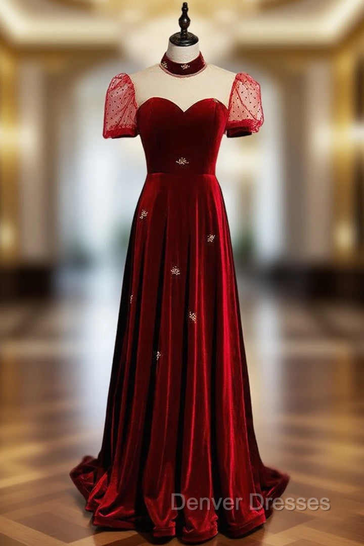 Burgundy Velvet Backless High Neck Prom Dress