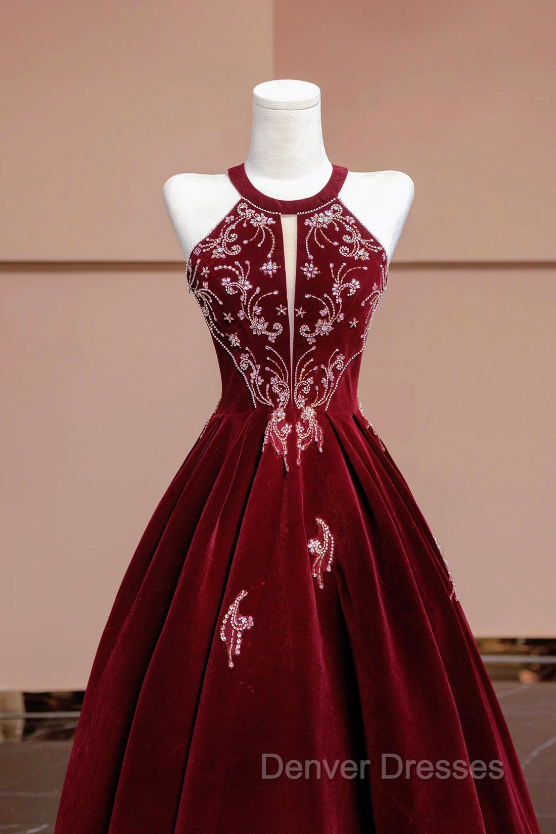 Burgundy Velvet Beaded Long Prom Dress, Elegant A-Line Evening Party Dress Secondary image