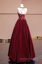 Burgundy Velvet Beaded Long Prom Dress, Elegant A-Line Evening Party Dress