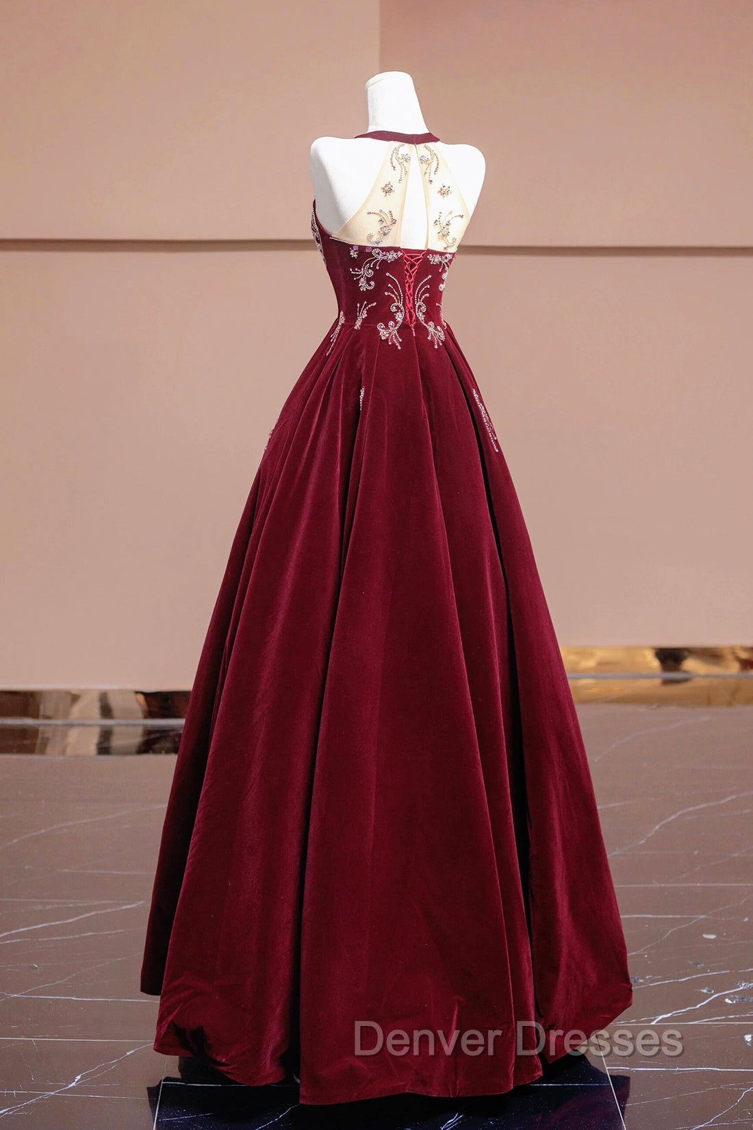 Burgundy Velvet Beaded Long Prom Dress, Elegant A-Line Evening Party Dress