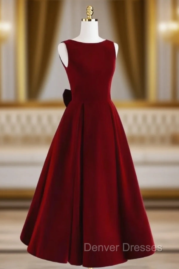 Burgundy Velvet Beading Bow Prom Dress Main image