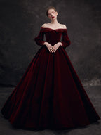 Burgundy Velvet Beads Long Prom Dress, Burgundy Evening Dress