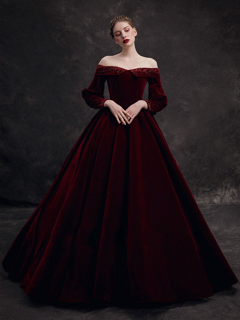 Burgundy Velvet Beads Long Prom Dress, Burgundy Evening Dress