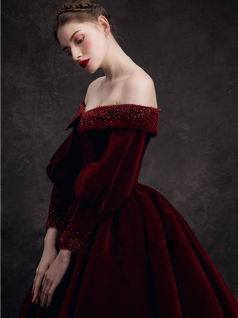 Burgundy Velvet Beads Long Prom Dress, Burgundy Evening Dress
