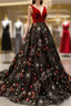 Burgundy Velvet Black Tulle Embroidery V-neck Backless Haute Couture Prom Dress