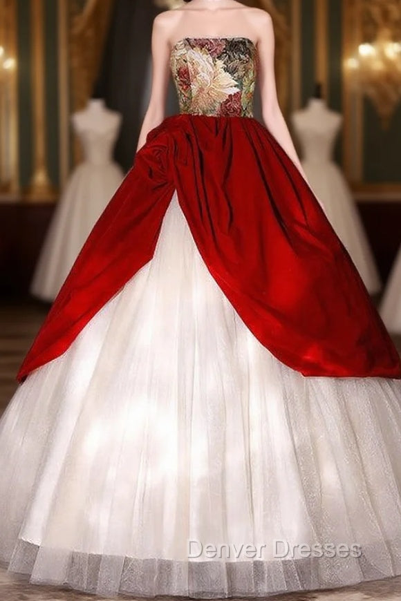 Burgundy Velvet Champagne Tulle Print Quinceanera Dress