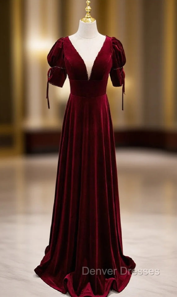Burgundy Velvet Dee V-neck Short Sleeve Prom Dress Main image
