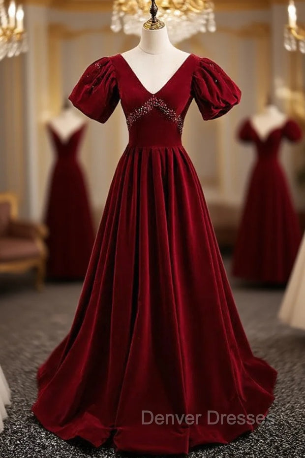 Burgundy Velvet Deep V-neck Backless Crystal Prom Dress