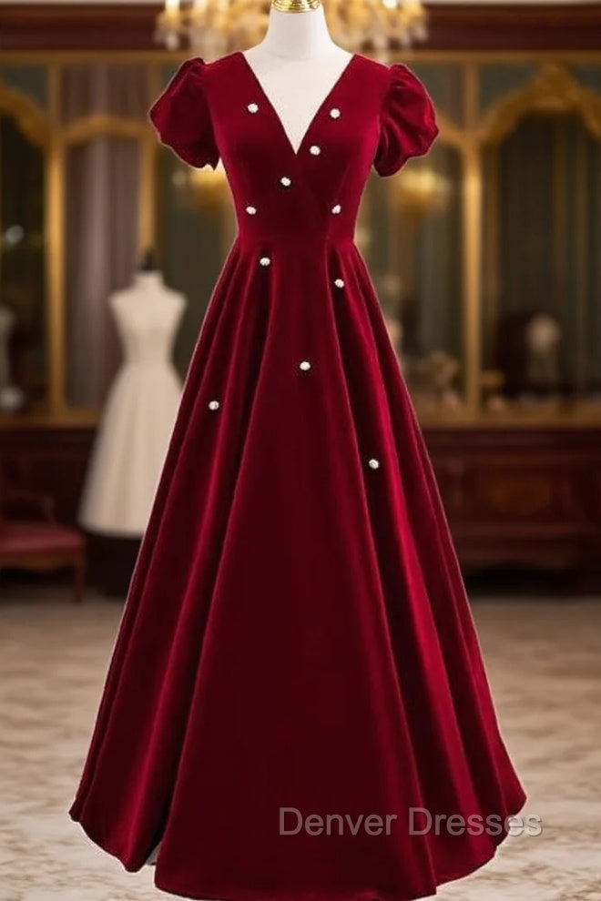Burgundy Velvet Deep V-neck Short Sleeve Prom Dress Main image